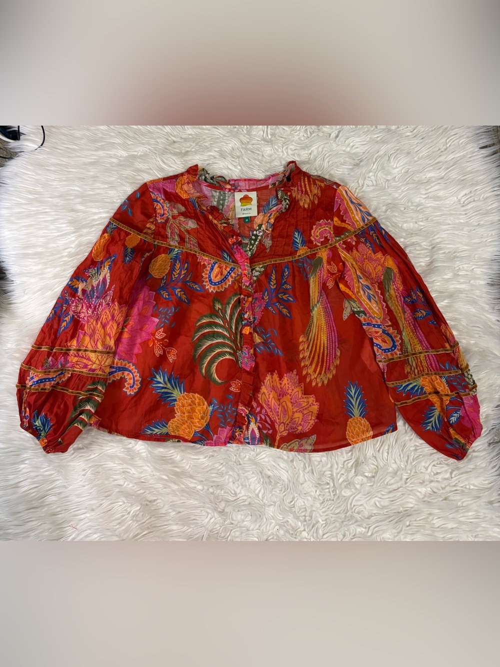 FARM Rio Red Tropical Paisley Button Front Blouse